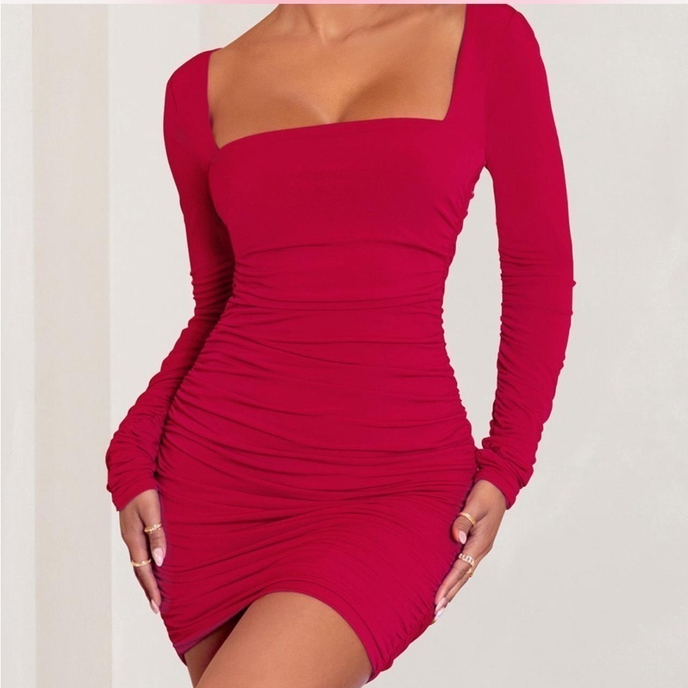 Club L London Muse Raspberry, Red Ruched Bodycon, Club, Baddie, Dress